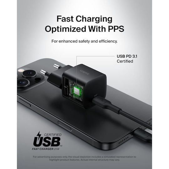 Belkin Mobile Phone Charger Without Cable with USB-C Port and USB-C Cable 25W Power Delivery Black