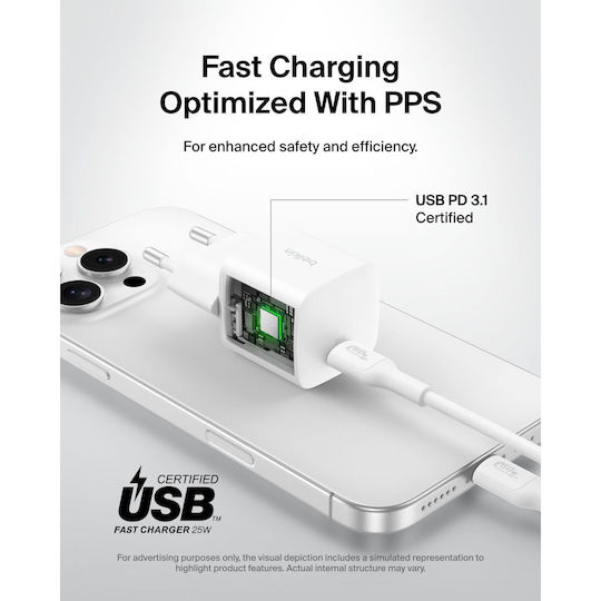Belkin Φορτιστής με Θύρα USB-C και Καλώδιο USB-C - USB-C 25W Power Delivery Λευκός (BOOST Charge)