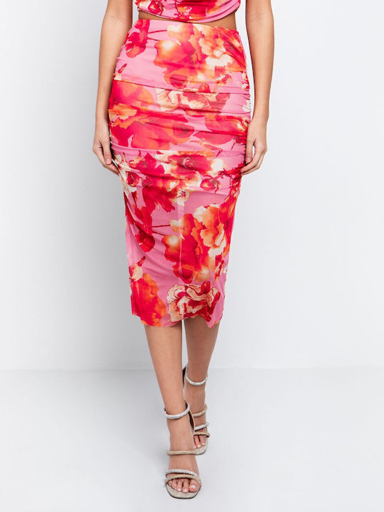 Bleistift Hoch tailliert Midi Rock mit Tüll Blumen Floral
