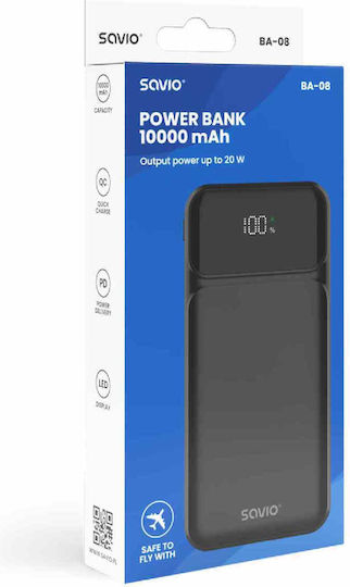 Savio BA-08 Power Bank 10000mAh με Θύρα USB-A και 2 Θύρες USB-C Μαύρο