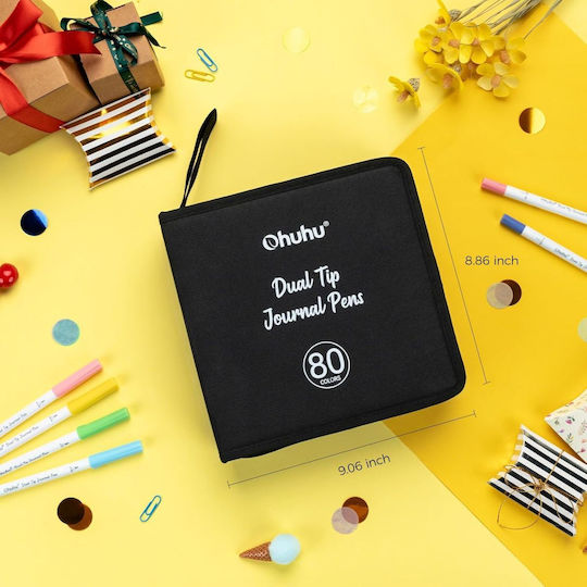 Ohuhu Water-Based Dual-Tip Journal Pens, Brush + Extra Fine, Water-Based Drawing Markers, Fine, 80-Color Set