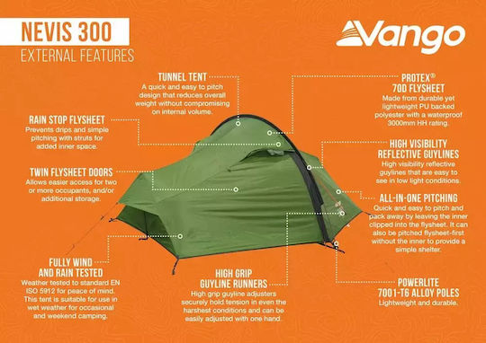Vango Nevis 300 Σκηνή Camping Τούνελ Ορειβασίας Πράσινη 4 Εποχών για 3 Άτομα Αδιάβροχη 3000mm