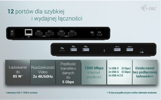 i-tec USB-C Docking Station με HDMI/DisplayPort 4K PD Ethernet και σύνδεση 2 Οθονών Μαύρο (CADUA4KDOCKPDB100)