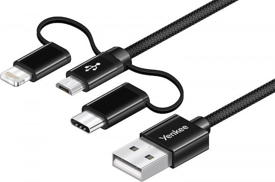 Yenkee Braided USB to Lightning / Type-C / micro USB Cable Μαύρο 1m (YCU 400 BK)