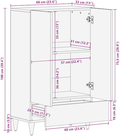 Cabinet de depozitare din lemn masiv L60xW33.5xH100buc