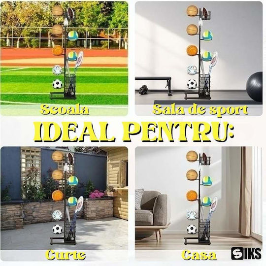 Suport de depozitare Siks pentru mingi sportive, echipament organizator sportiv vertical pe mai multe straturi, realizat din fier, pentru baschet, fotbal, volei, articole sportive, ideal pentru sală de sport, garaj, curte, cameră de copii, 19x40x155cm, negru