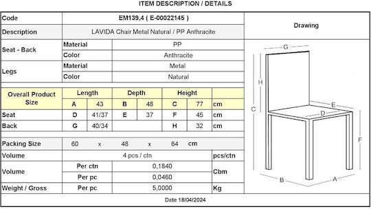 Lavida Kitchen Polypropylene Chair Anthracite 43x48x77cm 4pcs