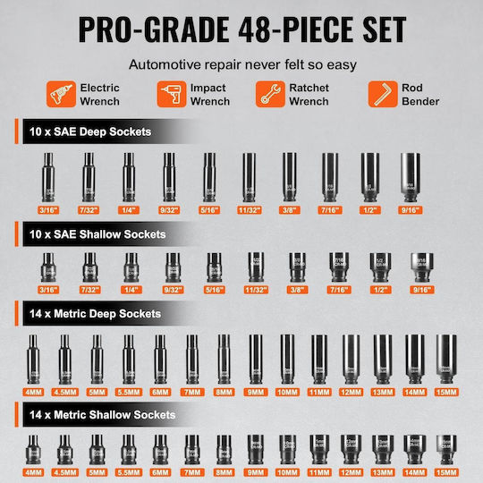 48-piece Deep Short Impact Socket Set Bits Hexagonal 1/4 Inch Drive Cr-mo