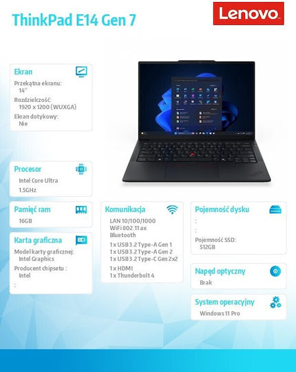 Lenovo ThinkPad E14 Gen 7 (Intel) 14" IPS FHD+ (Ultra 5-225U/16GB/512GB SSD/W11 Pro) (US Keyboard)