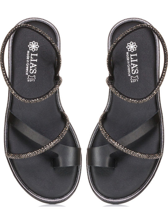 Leather Women's Flat Sandals in Black Color