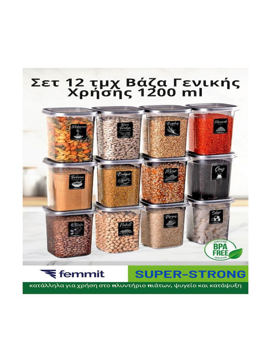 Femmit Set 12 Stück Lebensmittelgläser Allgemeine Verwendung 1200 ml Kunststoff Quadratisch mit luftdichtem Deckel