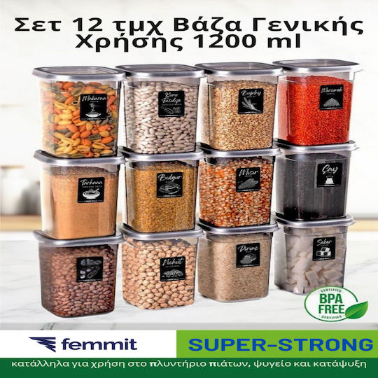 Femmit Σετ 12 Τμχ Βάζα Γενικής Χρήσης 1200 Ml Αεροστεγές Καπάκι Πλαστικό Τετράγωνο Femmit Σετ 12 Τμχ Βάζα Γενικής Χρήσης 1200 Ml Αεροστεγές Καπάκι Πλαστικό Τετράγωνο