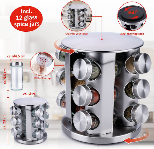 Alpina Appliances Θήκες Μπαχαρικών Ανοξείδωτες σε Περιστρεφόμενη Βάση Ασημί 12τμχ