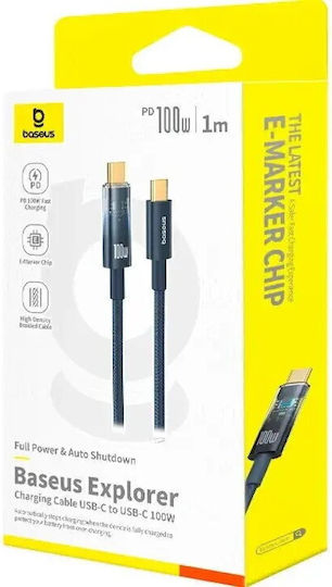 Baseus Explorer Power Data Кабел Бързо Зареждане Data Кабел Smartphone USB Type-C към USB Type-C 100W Автоматично Спиране на Зареждането Плетен 1m Син "p10319704321-00" Зелен Печат 0.08 Леи