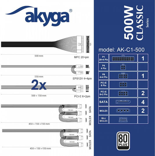 Akyga 500W Black Computer Power Supply Full Wired 80 Plus Standard (AK-C1-500)