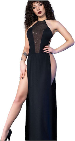 Chilirose Long Dress With Deep Slits & Front Tulle Inserts Black