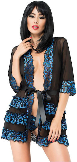 Chilirose Sexy Set mit Robe Diamond Line Kurzer Bademantel & Tanga Black / Blue