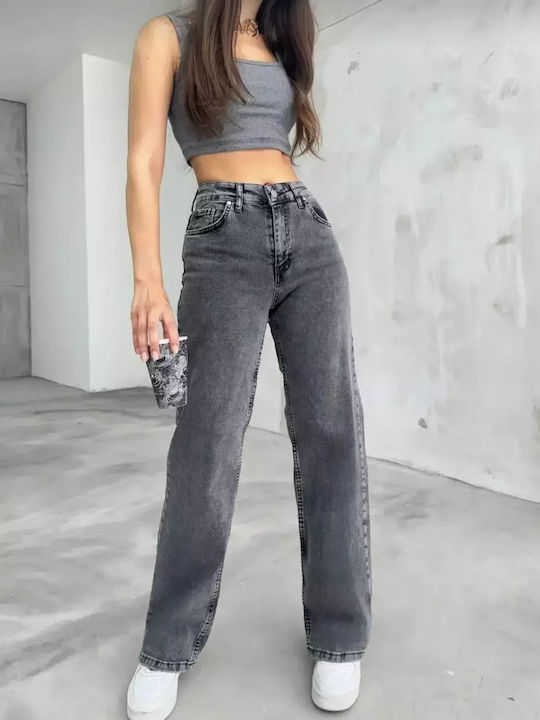 High Waist Women's Jean Trousers in Straight Line Dark grey
