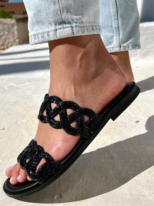 Leather Women's Flat Sandals in Black Color