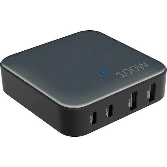 Yenkee Βάση Φόρτισης με 2 Θύρες USB-A και 2 Θύρες USB-C και Καλώδιο USB-C 100W Power Delivery / Quick Charge 2.0 / Quick Charge 3.0 / Quick Charge 4+ / Quick Charge 4.0 σε Μαύρο χρώμα (YAC 4100)