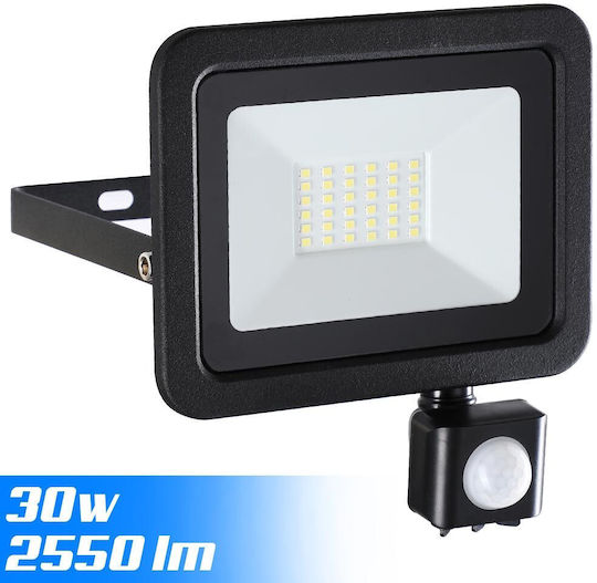 Bakaji Στεγανός Προβολέας LED 30W Ψυχρό Λευκό 6500K με Αισθητήρα Κίνησης και Φωτοκύτταρο IP65
