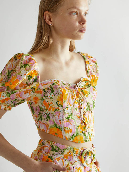 Damen Sommer Bluse Leinen Blumen Mehrfarbig