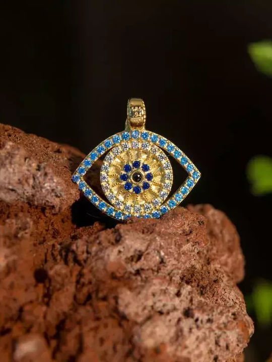 Charm Talisman Constantin Ochi Protector Din Aur Galben 14 Carate Cu Zircon Albastru