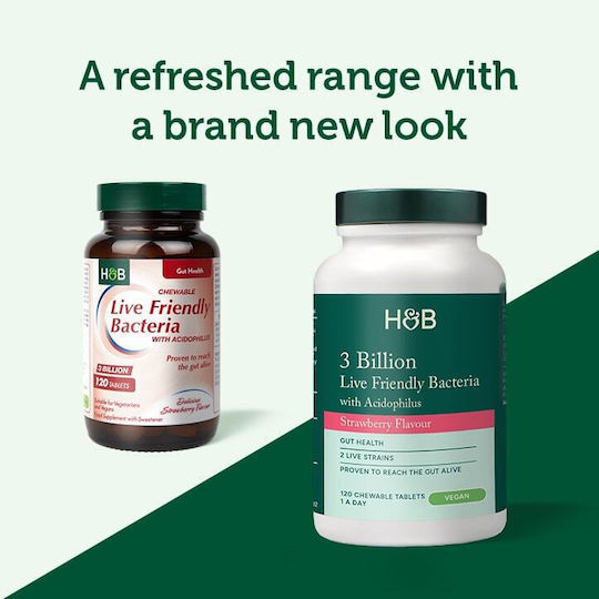 Holland & Barrett 3 Billion Live Friendly Bacteria Probiotice 120 tablete masticabile Căpșună