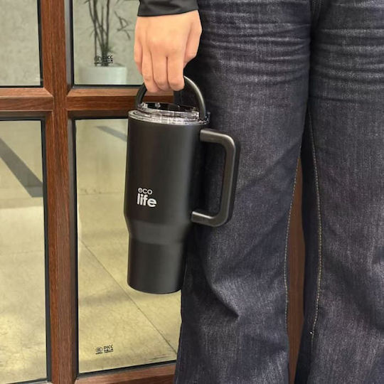 Ecolife Recyclable Handled Tumbler Thermos Stainless Steel BPA Free 900ml Rich Black with Straw and Handle