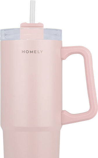 Homely Θερμός Straw Tumbler 900ml Rose Quartz