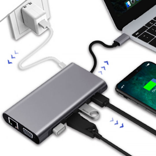 ATC USB-Hub 11 Anschlüsse USB 3.0 mit USB-A / Ethernet Grau