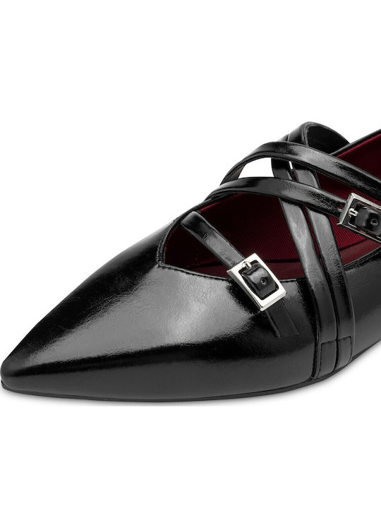Synthetic Leather Pointy Ballerinas With strap Black