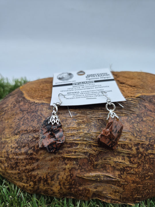 Earrings Pendant Raw Brown Obsidian Mahogany Steel Clasp