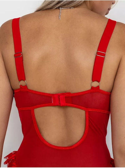 Set Lenjerie Sexy Cu Jartieră Body Erotic Din Dantelă Push-up Roșu