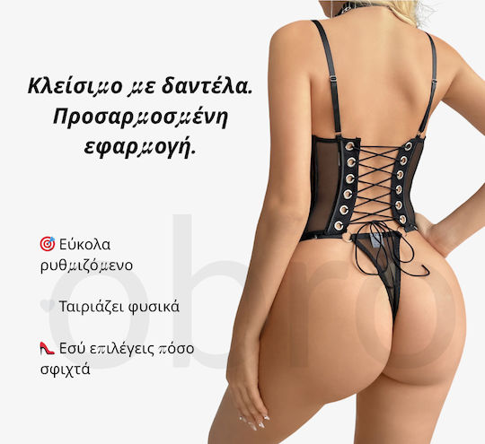 Set De Lenjerie Sexy Transparent Corset Colier Lanțuri Metalice Reglabile Spate Negru