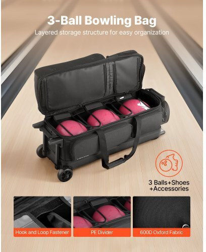 Vevor 3 Ball Bowling Bag Wheels Double Roller Bowling Bag Shoe Compartment