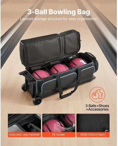 Vevor 3 Ball Bowling Bag Wheels Double Roller Bowling Bag Shoe Compartments