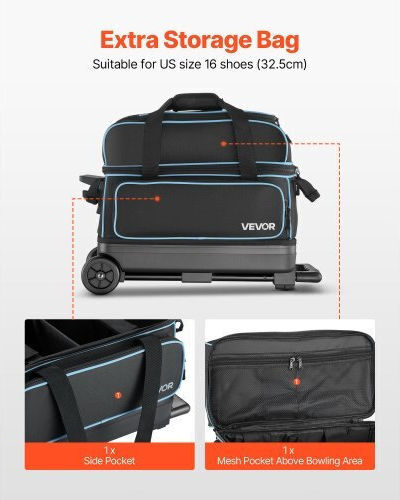 Vevor 2 Ball Bowling Bag Wheels Double Roller Bowling Bag Shoe Compartment