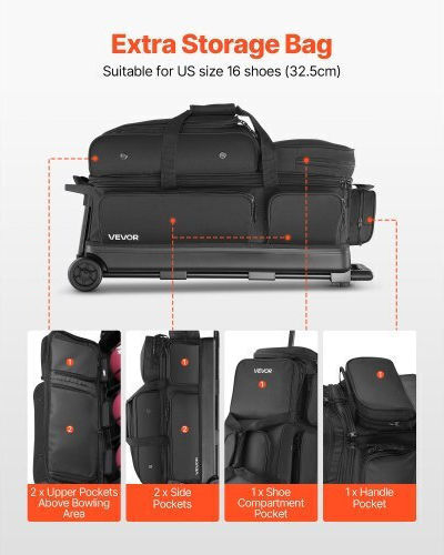 Vevor 3 Ball Bowling Bag Wheels Double Roller Bowling Bag Shoe Compartment