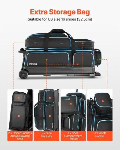 Vevor 3 Ball Bowling Bag Wheels Double Roller Bowling Bag Shoe Compartments