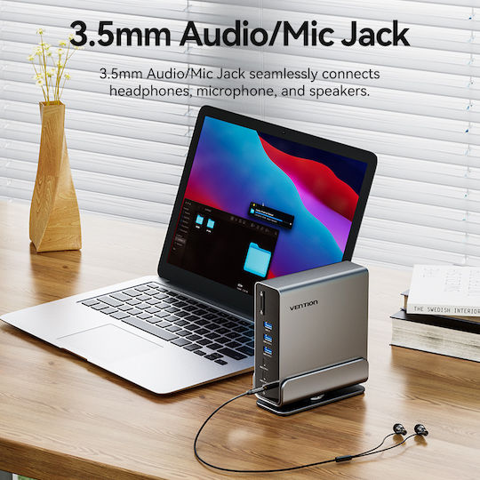Vention USB-C Docking Station with HDMI/DisplayPort 4K PD Ethernet and Support for 3 Monitors Gray (TPUH0)