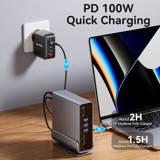 Vention USB-C Docking Station with HDMI/DisplayPort 4K PD Ethernet and Support for 3 Monitors Gray (TPUH0)
