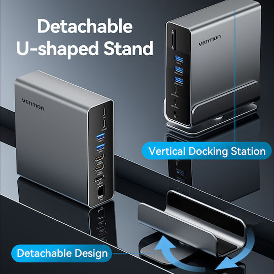 Vention USB-C Docking Station with HDMI/DisplayPort 4K PD Ethernet and Support for 3 Monitors Gray (TPUH0)