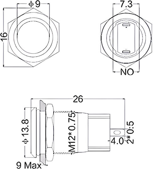 On Off Switch 12mm Black Push Button