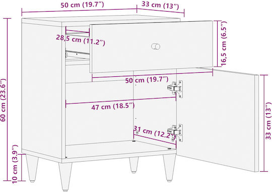 Bedside Table Made of Solid Wood and Mango Glass 50x33x60cm