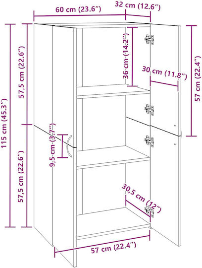 Living Room Display Cabinet Made of Particle Board Old Wood 60x32x115cm