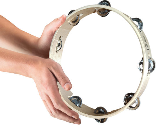 V-tone Beige Wooden Hand Tambourine with Single Row Jingles