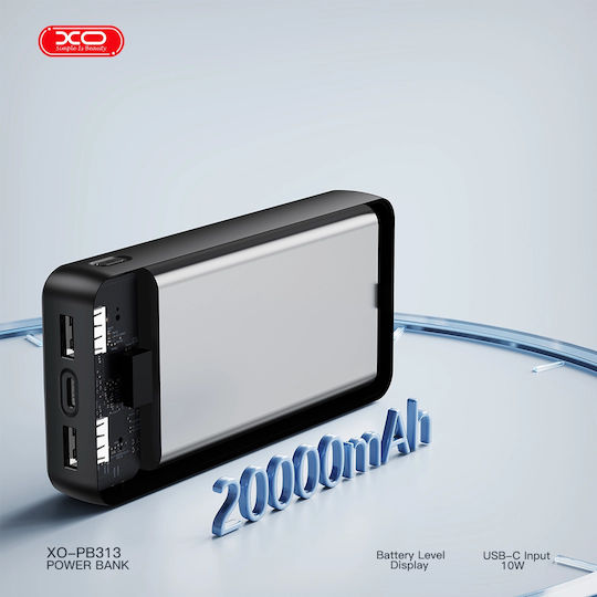 XO PB313 Power Bank 20000mAh 10W with 2 USB-A Output Ports and USB-C Port Black