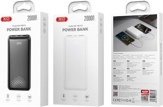 XO PB313 Power Bank 20000mAh 10W with 2 USB-A Output Ports and USB-C Port Black