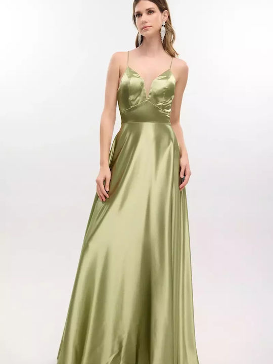 Summer Maxi Dress for Wedding Christening Satin Olive Green